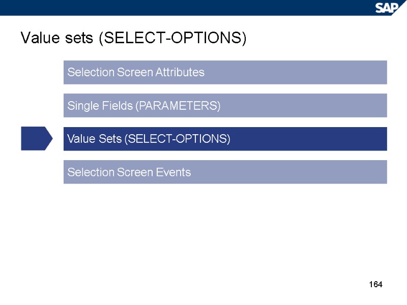 164 Value sets (SELECT-OPTIONS) Selection Screen Attributes Single Fields (PARAMETERS) Value Sets (SELECT-OPTIONS) Selection